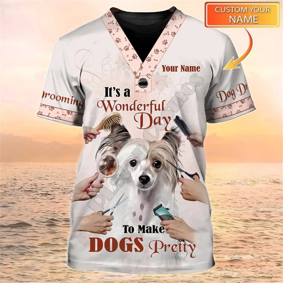 

Dog Grooming Personalized Name 3D Tshirt Pet Groomer Uniform 3D Printed t shirts Streetwear Men/Women Short Sleeve