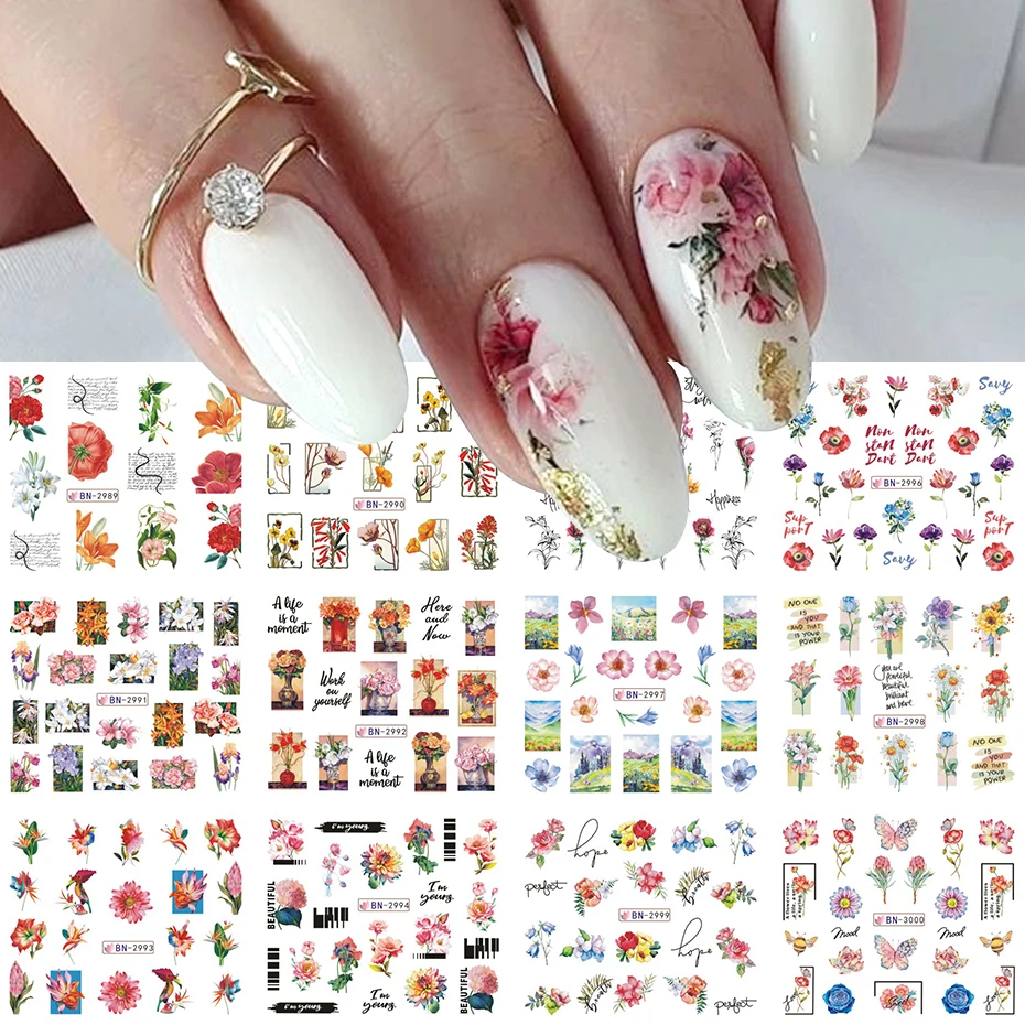 12pcsMixedFloralWaterNailStickerSetWatercolorFlowersLeaves