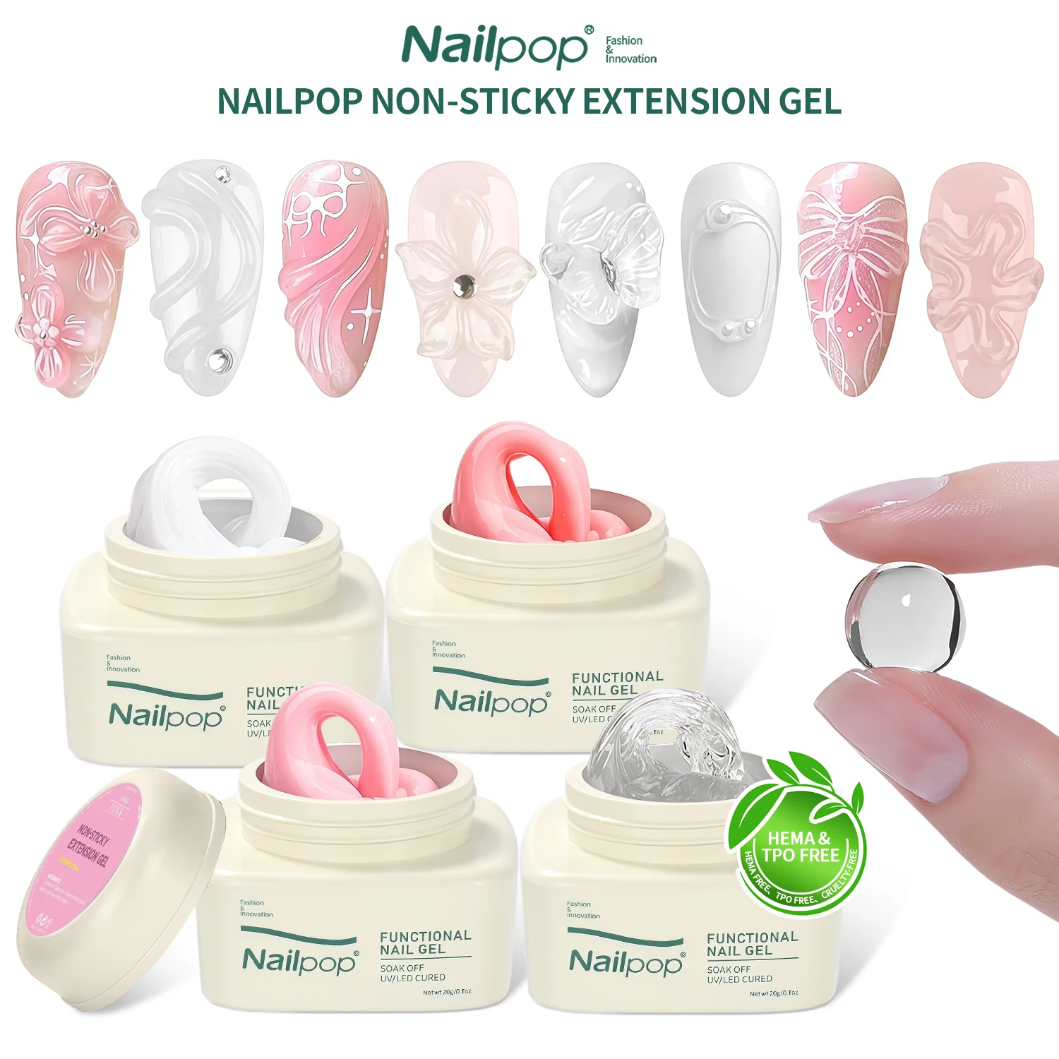 Nailpop Non-Sticky Extension Gel HEMA TPO Free Clear White Nude Pink Bond for Colored Tips Rhinestones and Sculpted Designs 1pcs