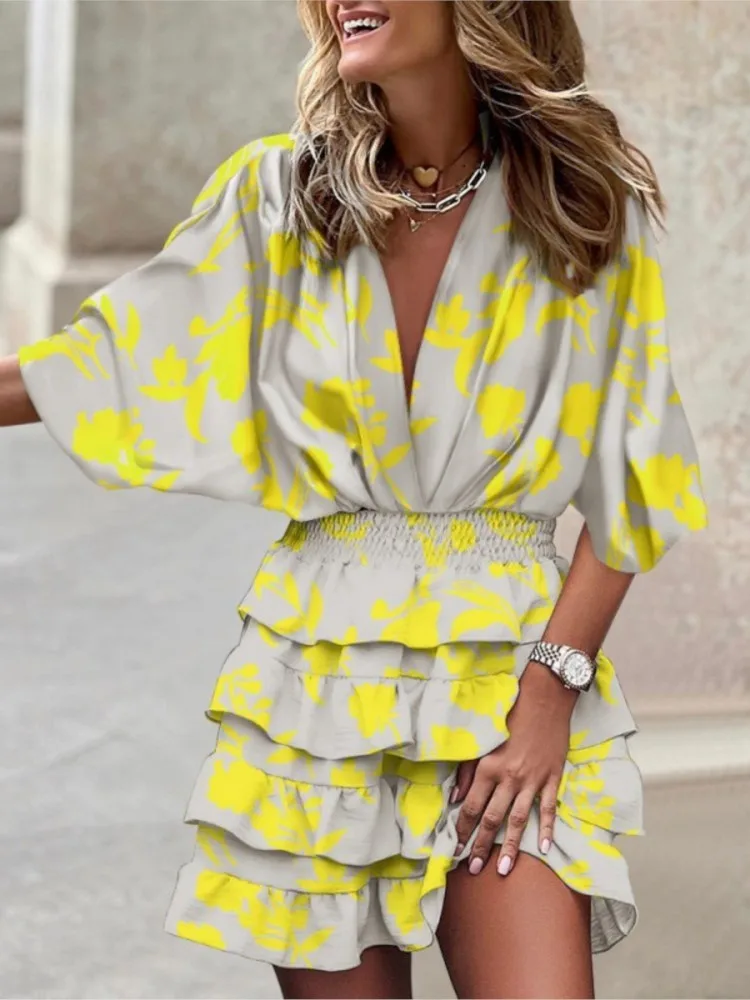 Elegant Ruffles Office Lady Dress Sexy V-neck Half Sleeve Boho Print Mini Dresses For Women 2024 Spring Autumn Robe Femme