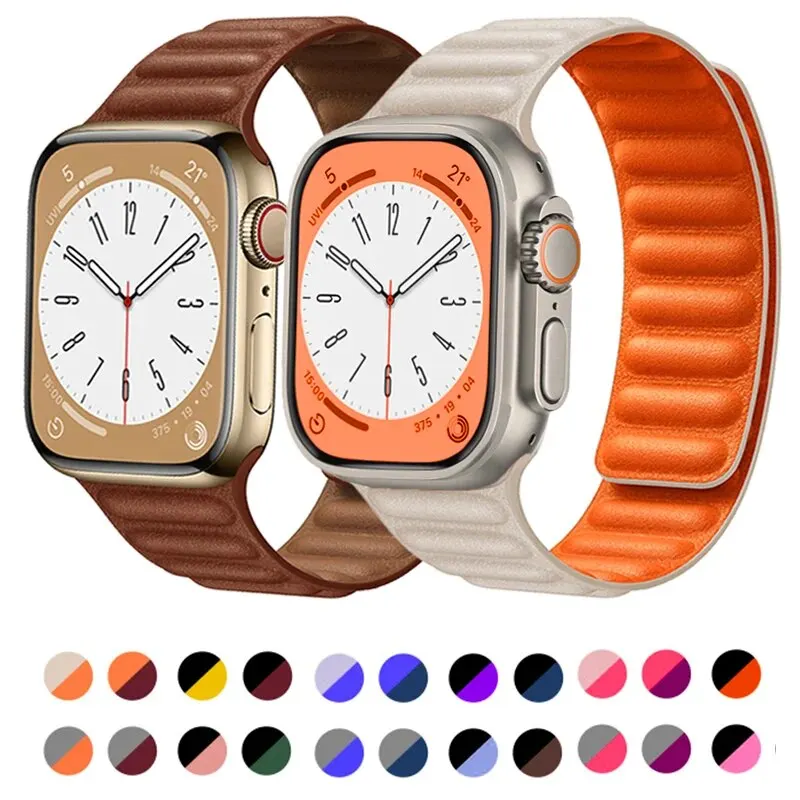 애플 워치용 가죽 링크 스트랩, 울트라 2 49mm, 44mm, 40mm, 41 45mm, 아이워치 시리즈 9, 8, 7, 6, 5, 4, 3 SE용 마그네틱 루프 팔찌