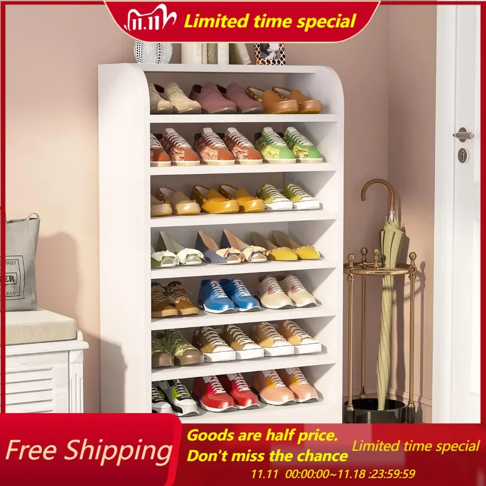 Shoe Rack, 8-Tier Tall Shoe Shelf, Wooden Storage Cabinet, White