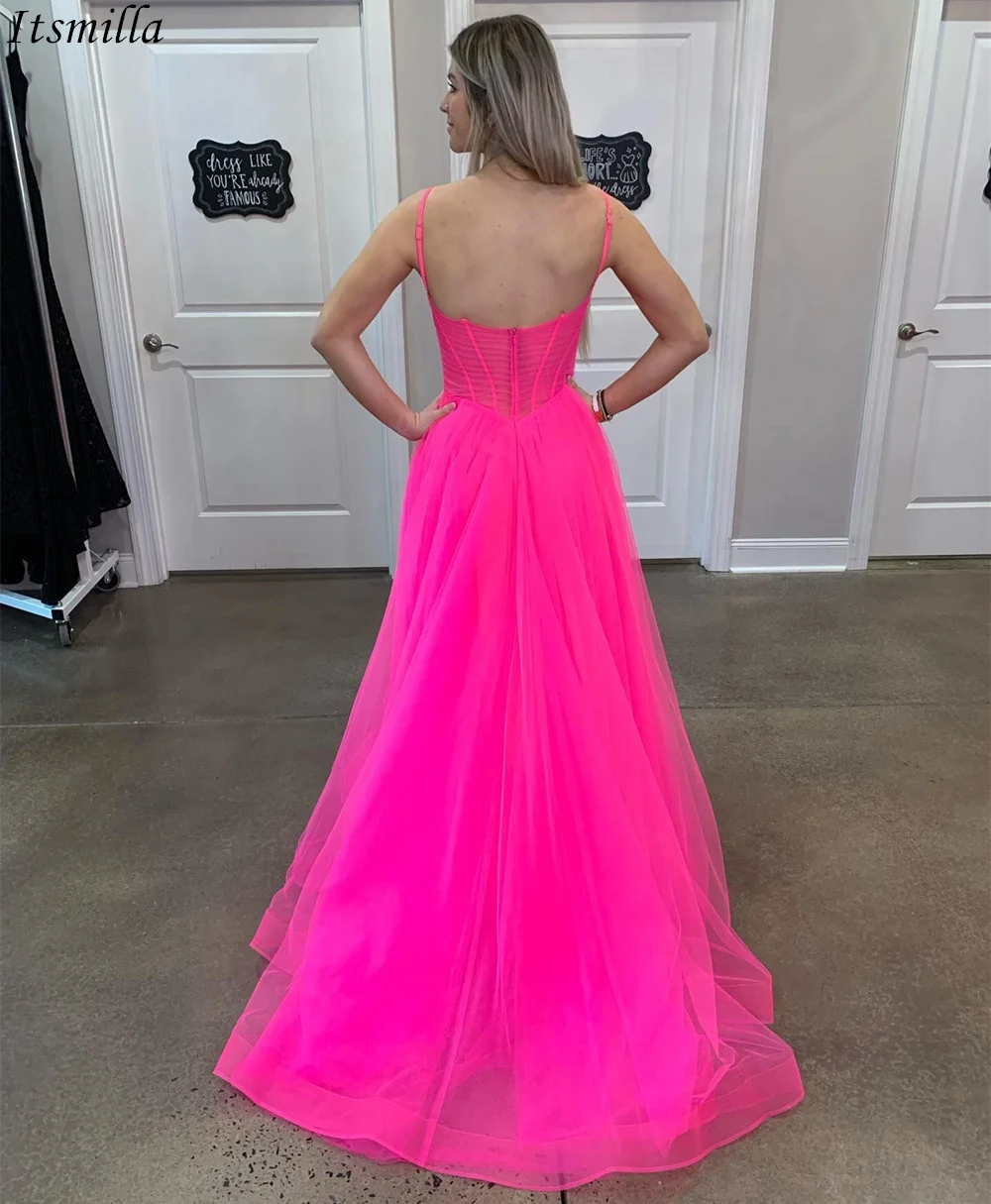 Itsmilla Neon Pink A-line Tulle Prom Evening Dresses with Pockets High Slit  Women Long Formal Party Gowns robe de soirée femme - AliExpress