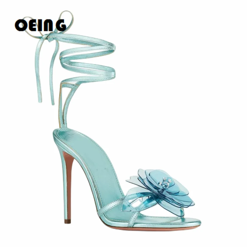 

Summer Women Lace Up Sandals 3D Flower Embellished Open Toe Stiletto Heels Gladiator Sandals Ankle Wrap High Heels Dress Shoes