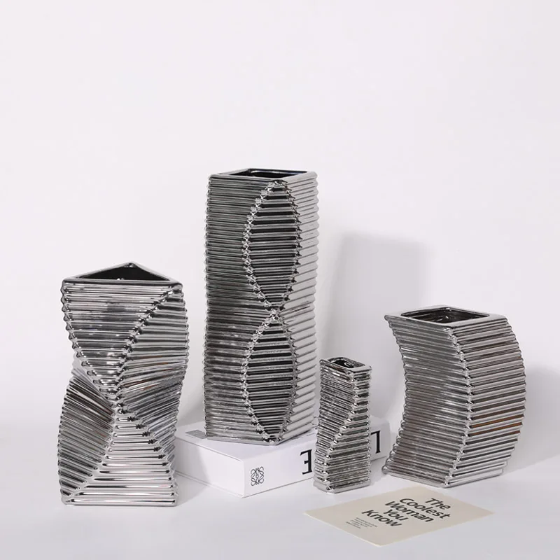 

Modern Minimalist Novelty Luxury Silver Ceramic Vase Living Room Dry Flower Arrangement Decorative Dining Table Decorations