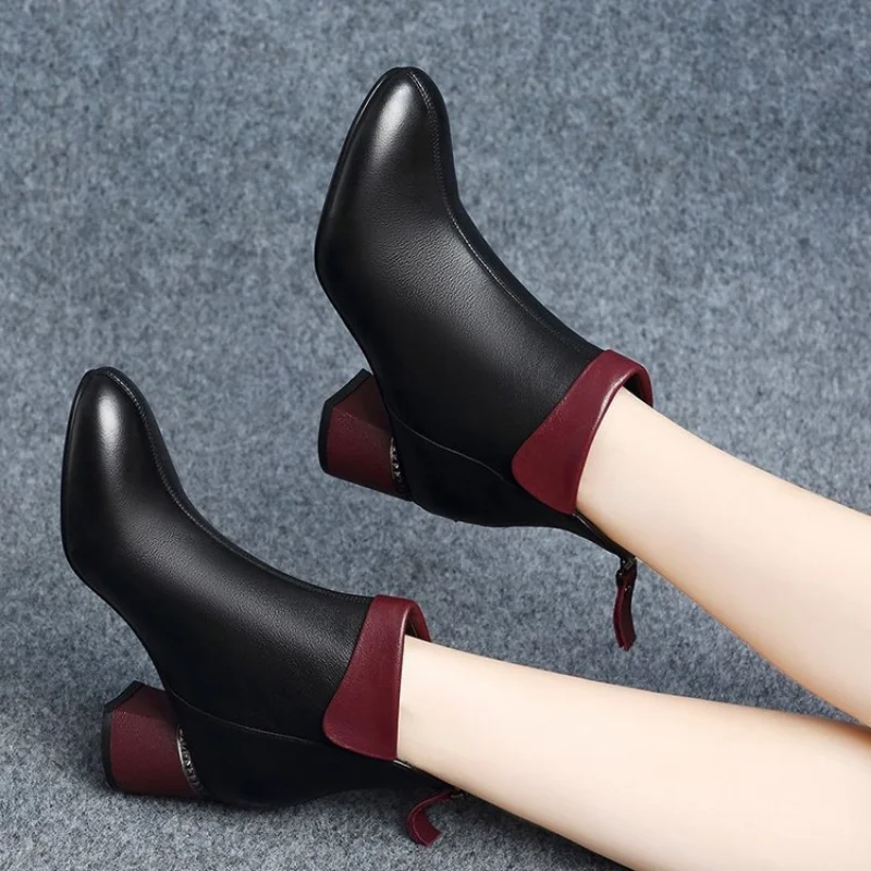 Women's Ankle Boots Pumps Winter Autumn Ladies Plush Warm High Heels Leather Fashion Pointed Toe Zipper Short Women Botas