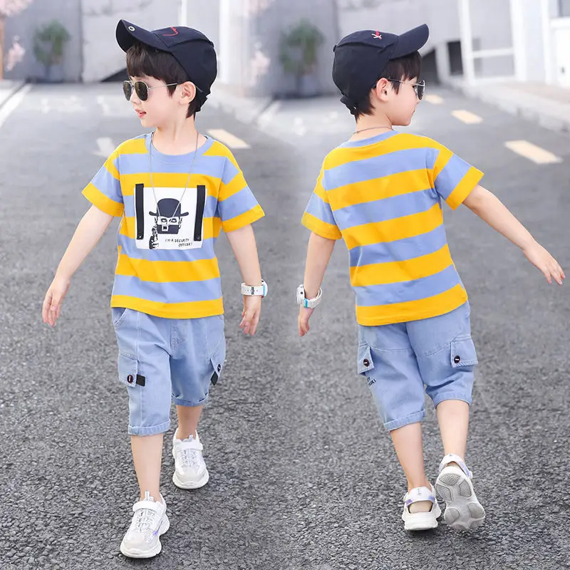 Summer Boys Clothing Kids Clothes Stripe Cotton T-shirt + Jeans Pant Boy Sets Infant Newborn Clothing 3 4 5 6 7 8 10 12 Years