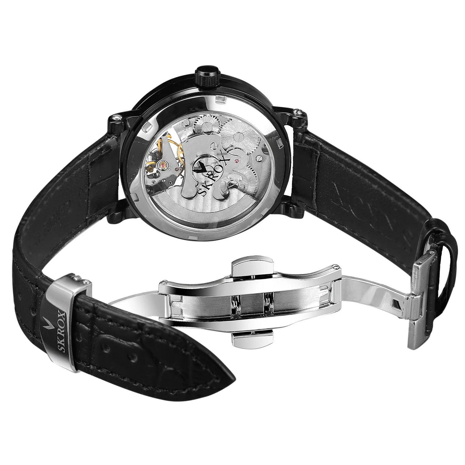 SKROX Dual Time Zone Moon Phase Automatic Clock Mechanical Genuine Leather Men's Wristwatches Original High-End Luxury Man Watch