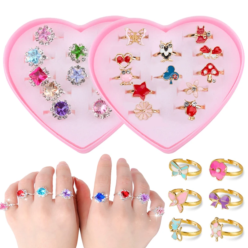 12pcs Children Heart Shaped Box Adjustable Rings for Girls Birthday Gifts