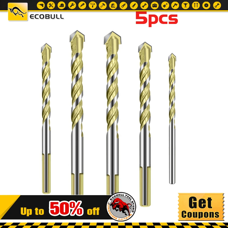 

5pcs Tile Impact Drill Bit Set Marble Threaded Punching Triangle Drill Household Concrete Overlord Drill Electric Drill Parts