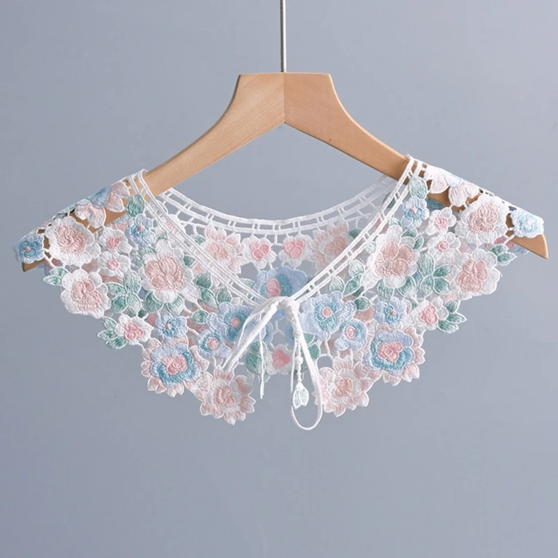 

Korean Women Embroidery Colorful Floral Faux Collar Fairy Elegant Shawl Scarf Half Shirt Lace-Up Poncho Cape for Dress