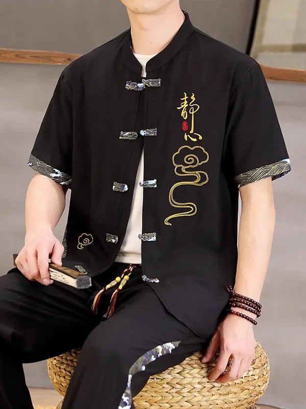 Summer Men's Embroidered Casual ort Sve Two-Piece Set National Sle Hanfu Retro Tang Costume Polyester Fiber Youth Wear