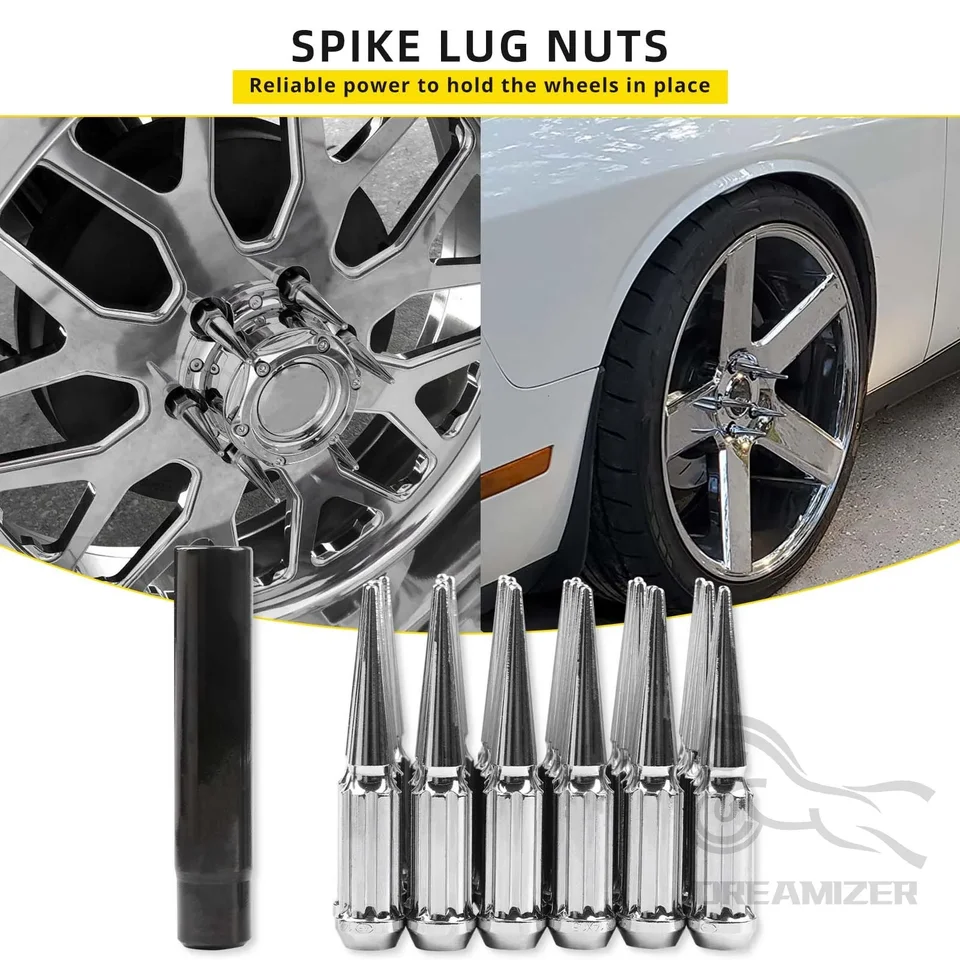 24 Or 32PC Chrome Spike Lug Nuts M14x1.5 For Chevy Silverado/GMC Sierra 1500 & Ram 1500 - 4.4\" Tall