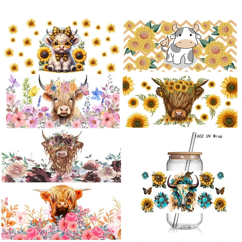 3D Retro Sunflower Cow UV DTF Cup Wraps stickers Spring Cow Flowers UV Wrap Transer for 16oz Libbey Glass