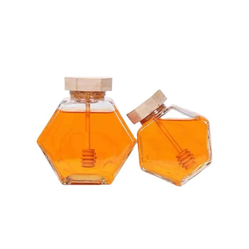 Kitchen 100ML/220ML/380ML Hexagonal Glass Honey Bottle With Wooden Honey Pot Stirring Rod Sealing Clear Jam Jar Home Storage