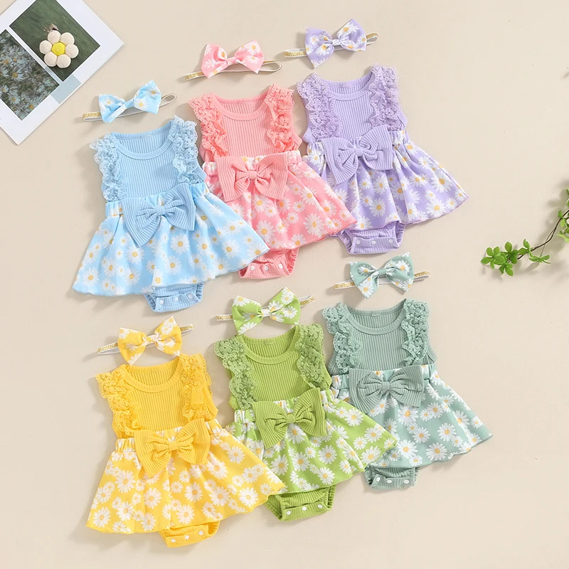 

Mubineo Baby Girl Clothes Summer Romper Dress Cute Outfit Sleeveless Ruffle Lace Flower Skirt Fashion Lace Infant Newborn Outfit