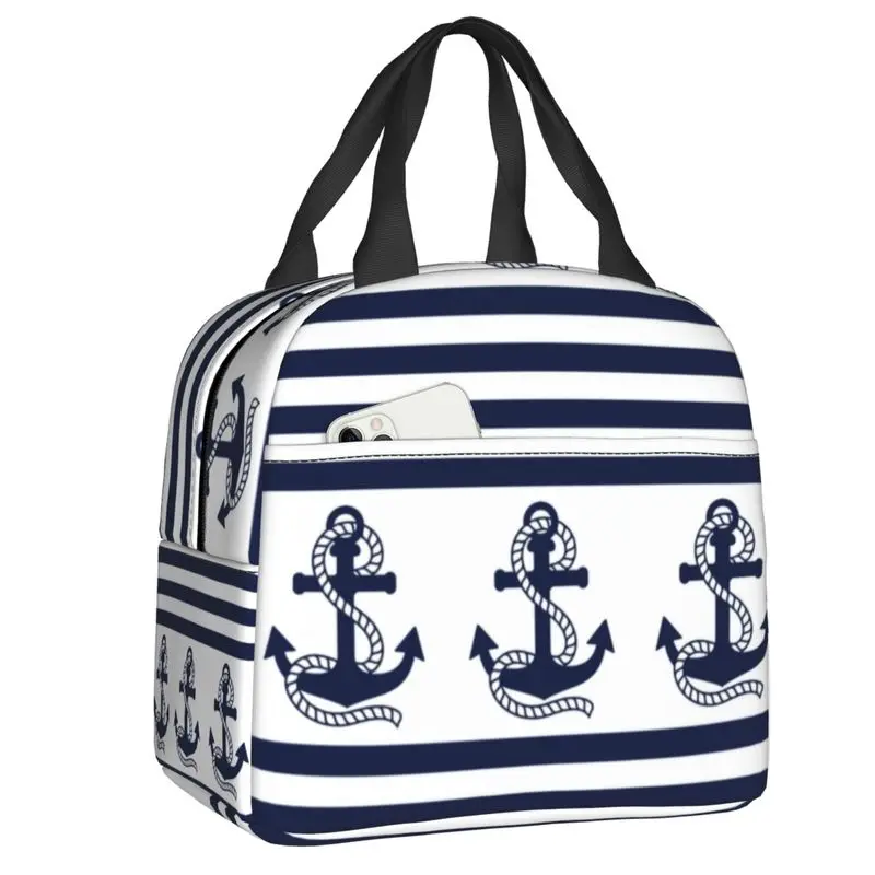 

Nautical Stripes With Navy Blue Anchor Insulated Lunch Bag for School Office Sailing Sailor Portable Thermal Cooler Bento Box