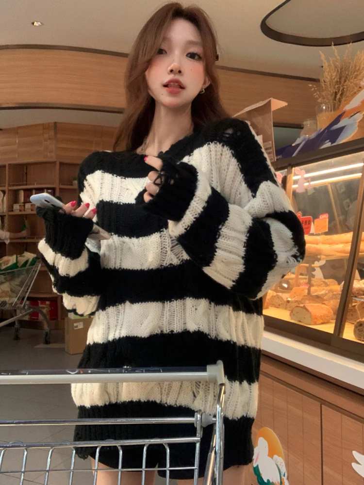 

Korean Women striped Long Sleeve Knitted Sweater 2022 New Autumn Elegant Fashion Tops Office Lady Casual Loose Striped Pullover