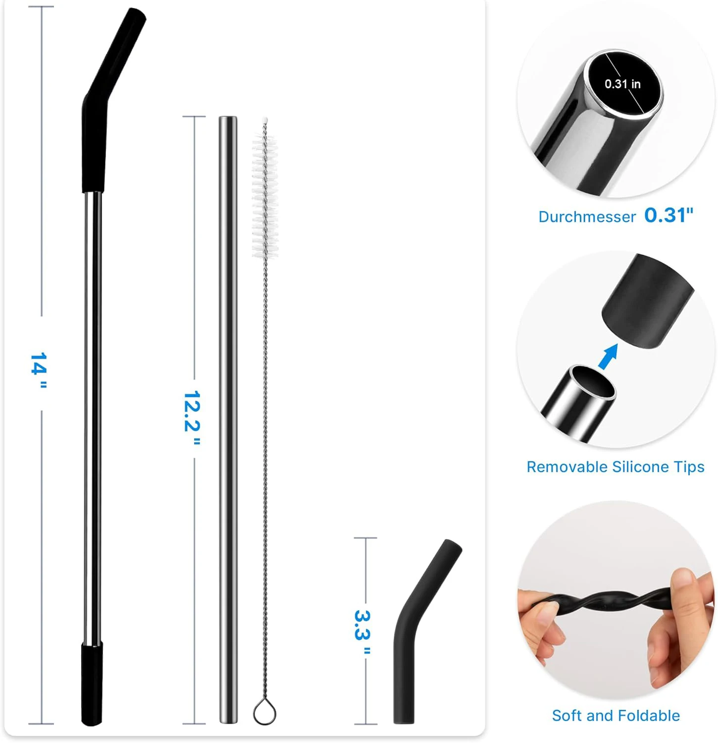 Stainless Steel Straw Set with Silicone Tip and Cleaning Brush, 3-Piece Set