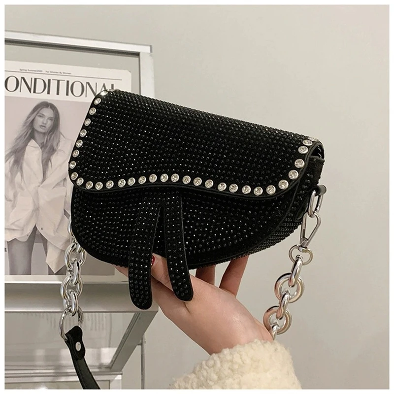For Women Fashion Small Saddle Bags Bright Diamond Luxury Designer Crossbody Female Underarm Shoulder Bag Brand Design handbags