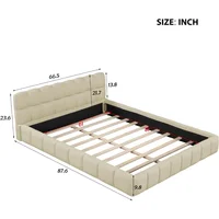 Modern Queen Upholstered Bed Frame No Box Spring Needed Beige Bedroom Furniture with Wingback, Linen Low Plattform Bed 2