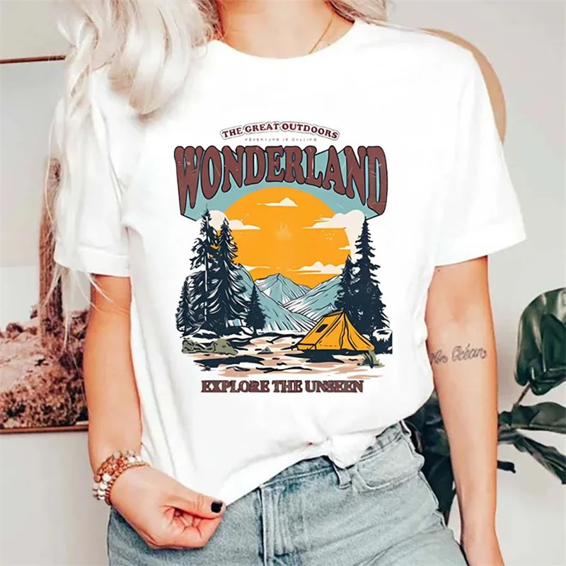

Женские винтажные футболки Wonderland Explore, модная футболка большого размера для походов и путешествий, футболки в стиле ретро в стиле бохо и западных отпусков, Топ