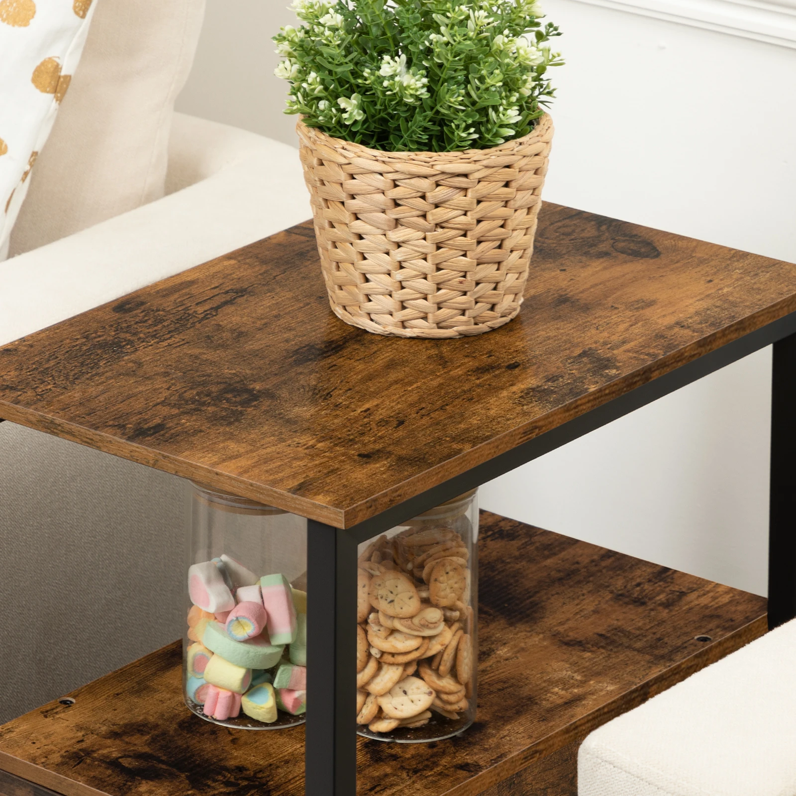 End Table, Narrow Chairside Table with Drawer and Open Storage Shelf, Nightstand for Small Spaces, Stable and Sturdy Constructio 5