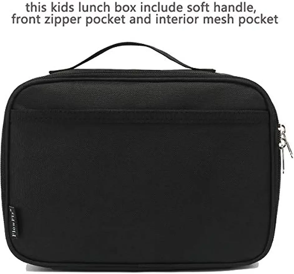 FlowFly Kids Lunch Box Insulated Soft Bag Mini Cooler Back To School Thermal Meal Tote Kit for Girls, Boys, Black