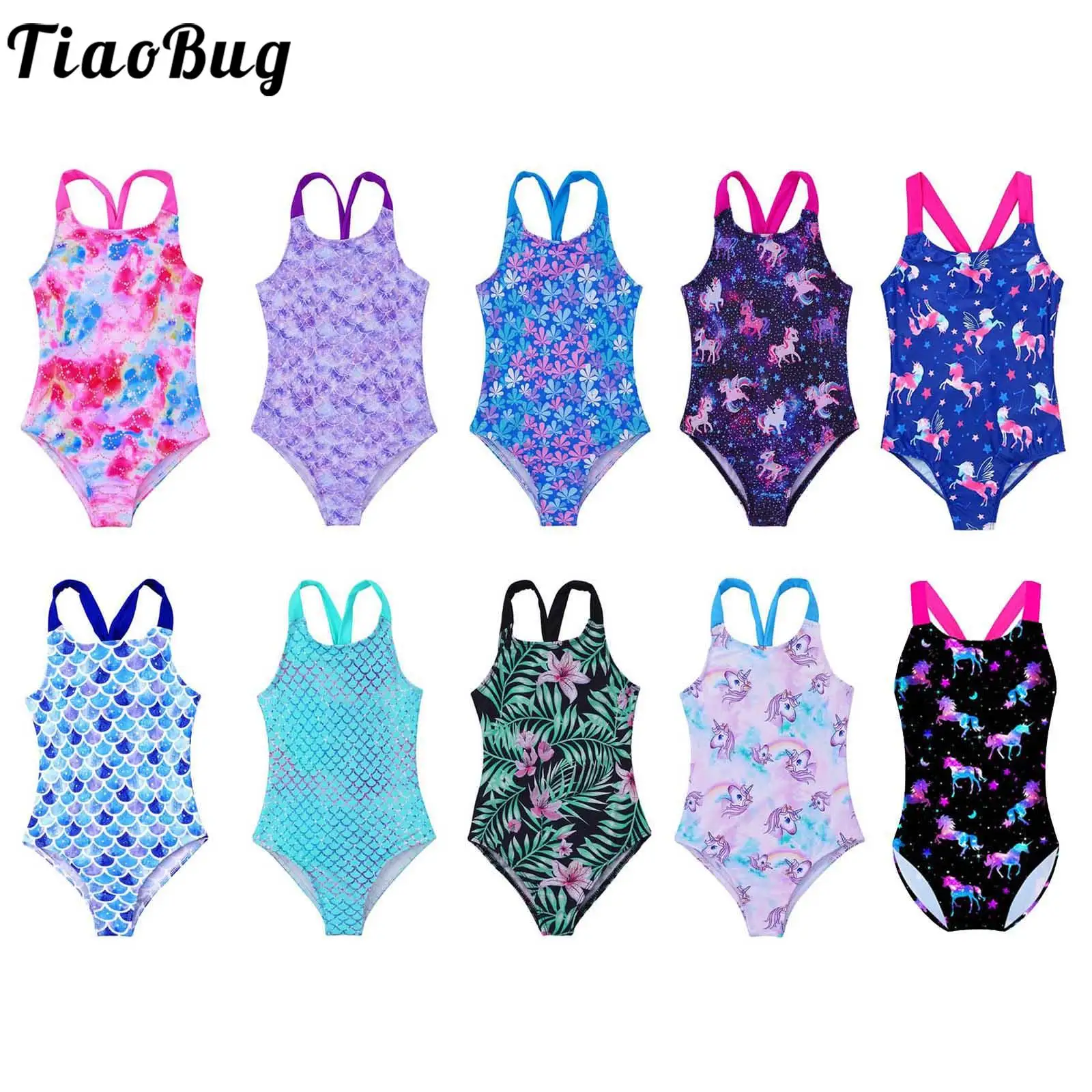 Kids Girls One Piece Swimsuit Fashion Horses Stars Printing Swimwear Jumpsuit Summer Bathing Suits Sleeveless Bikini Set