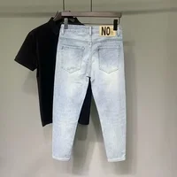 Light Blue Men's Jeans Elastic Slim Fit Nine Point Pants Hip Hop Style Casual Trendy Korean Version Spring New Arrival