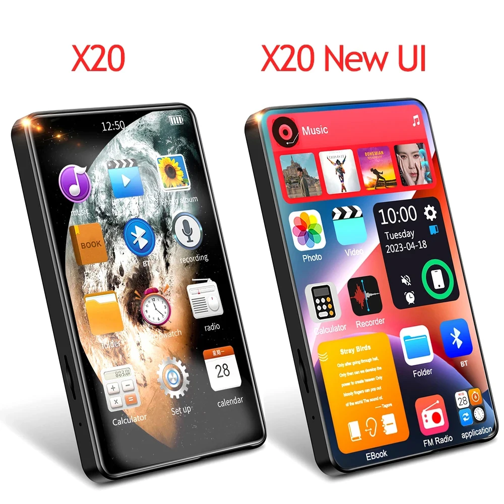 X20-New UI 1080P MP4 Music Player 4 Inch Touch Screen 16GB Bluetooth 5.0 with Speaker Video Ebook FM MP3 Audio Players 16G-256G