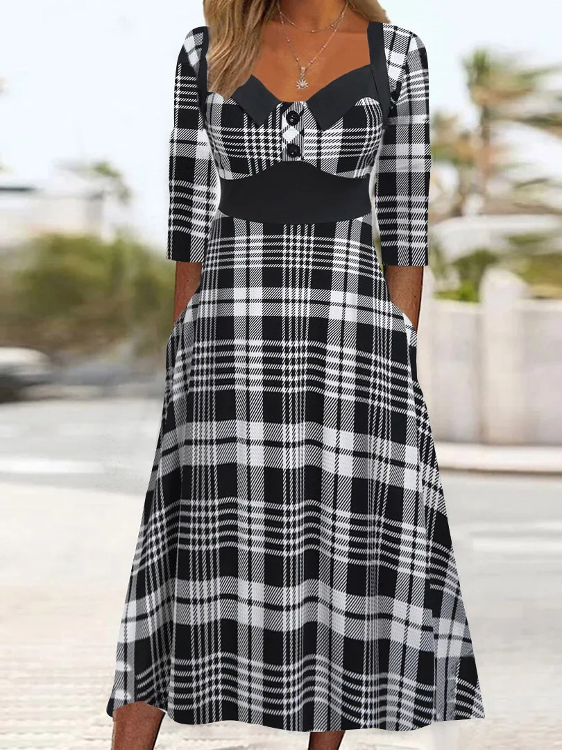 

Plus Size Women's Plain Plaid V-neck Lapel Casual Midi Dress