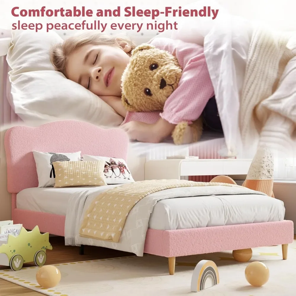 Upholstered Twin Size Bed Frame for Kids with Scallop Headboard, Cute Velvet Twin Bed for Girls, Boys, Sturdy Platform Bed 5
