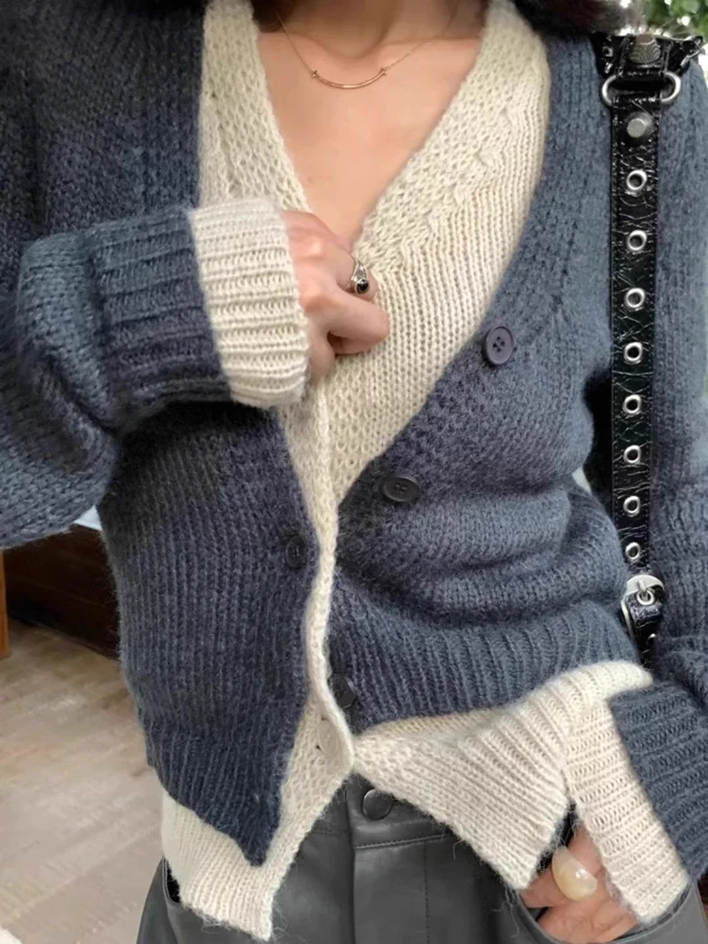 New Autumn and Winter Women's Fake Two-piece Long-sleeved Cardigan Sweater Fashion Single-breasted Slim-fitting Knitwear Top