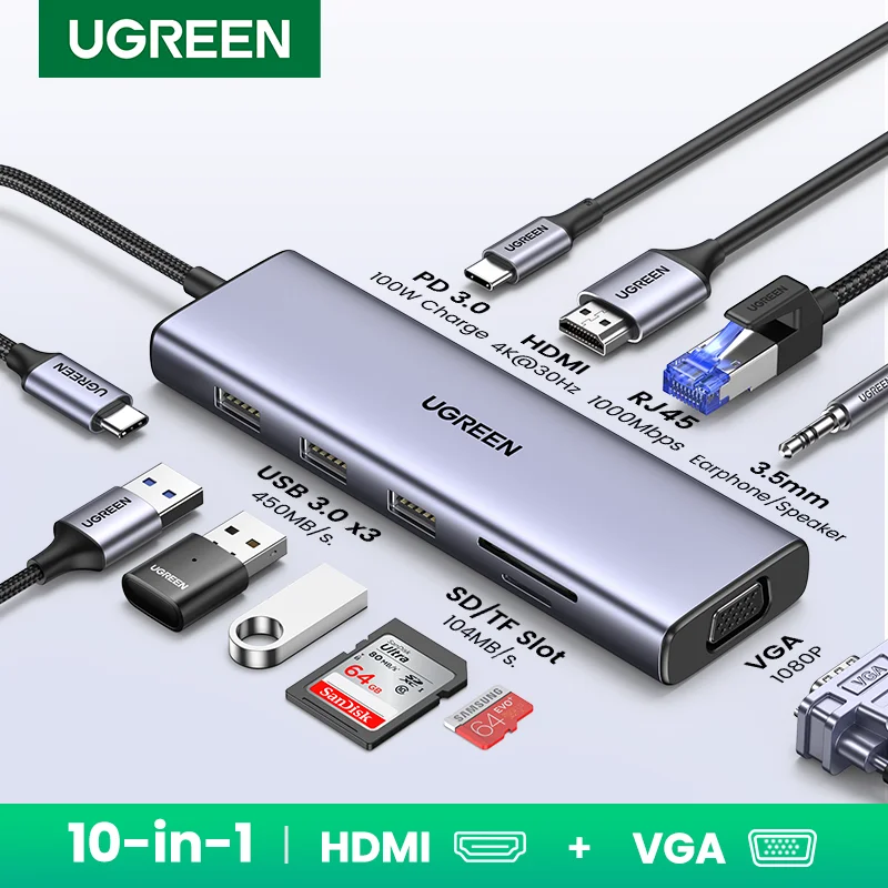 UGREEN Multi-Port USB-C Hub with 4K HDMI, Ethernet, USB 3.0, and 100W PD Charging