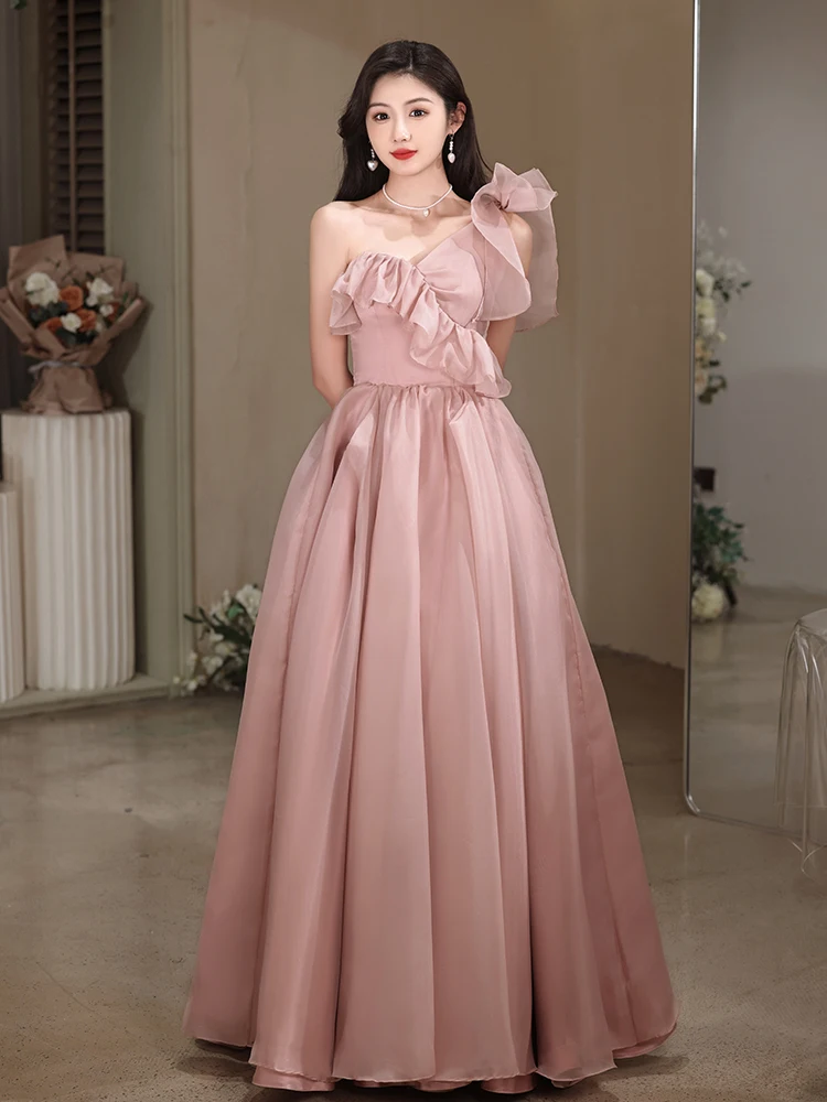 

Fashion One Shoulder Formal Evening Dresses Sweet Pink Slim Long Princess Dress Elegant Sleeveless Host Performance Gown