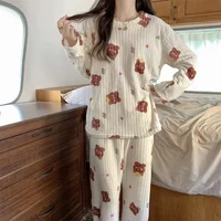 Ensemble pyjama en velours pour femmes, haut ample et pantalon à taille élastique, costume chaud en laine pour la maison, décontracté, automne hiver 2023 3