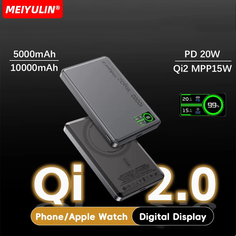 10000mAh 15W Wireless Power Bank Magnetic Charger for Apple Watch USB C Fast Charging External Battery for iPhone Samsung Xiaomi 6