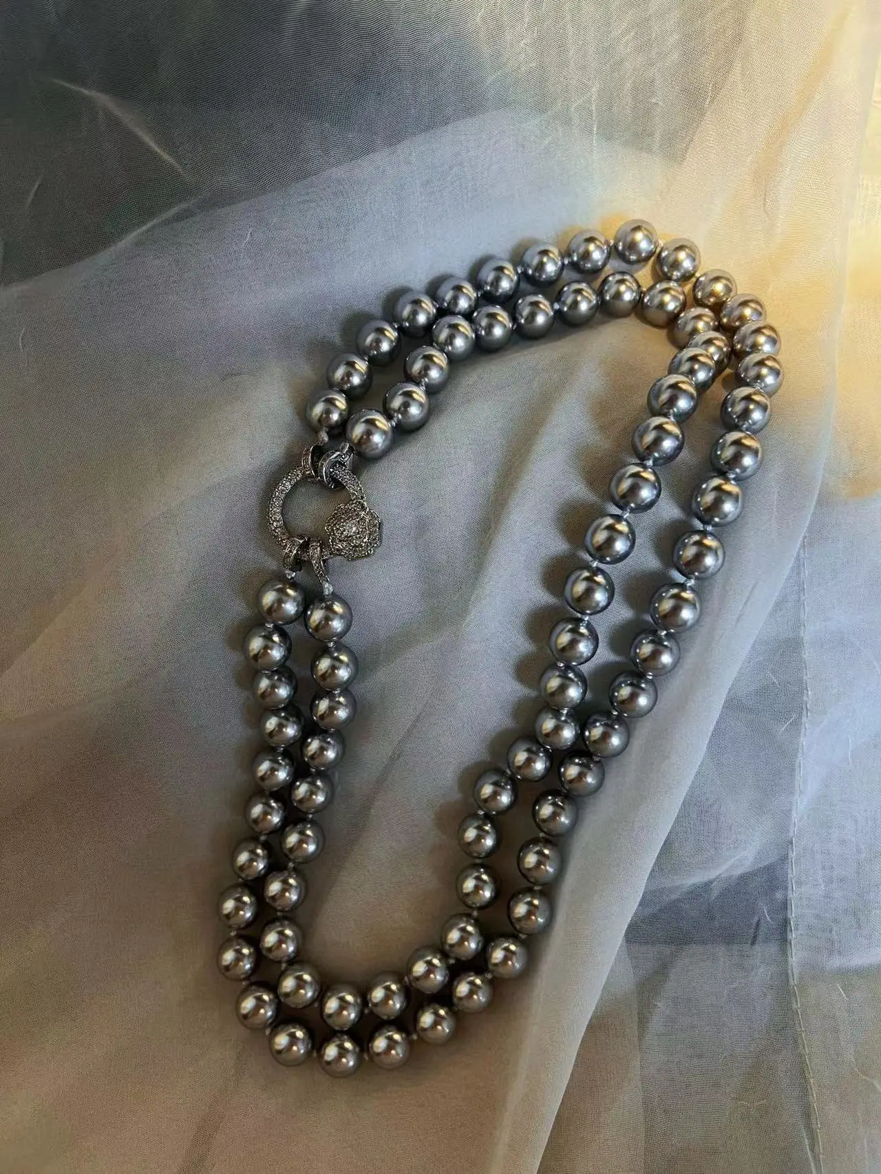 Natural Deep Sea Shell Pearls Large Particles Platinum Gray Pearl Sweater Chain Multiple Wearing Methods Double-Layer Necklace