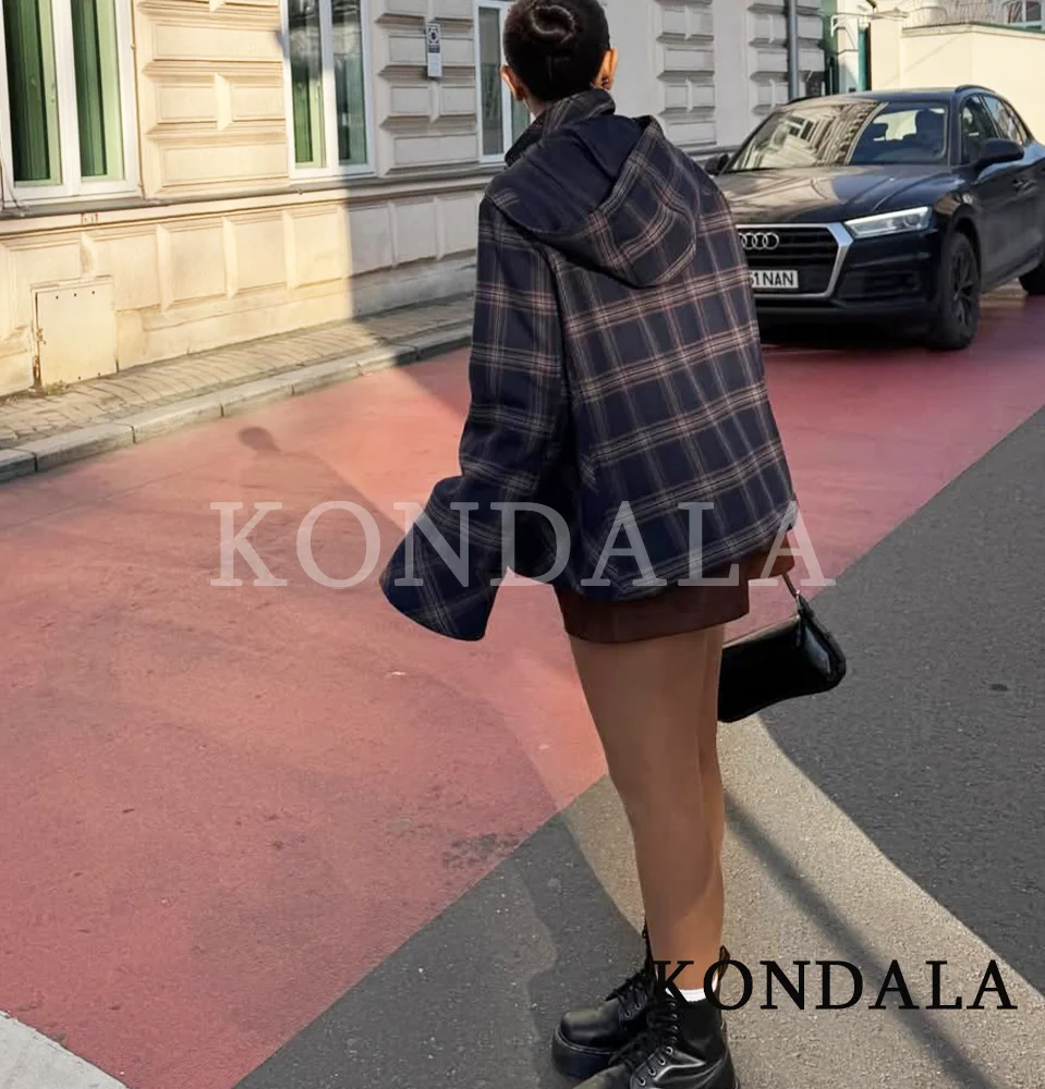 Veste à capuche à carreaux tendance KONDALA pour femme, veste ample à boutons, mode printemps-automne 2026, décontractée, pour le travail, veste pour femme