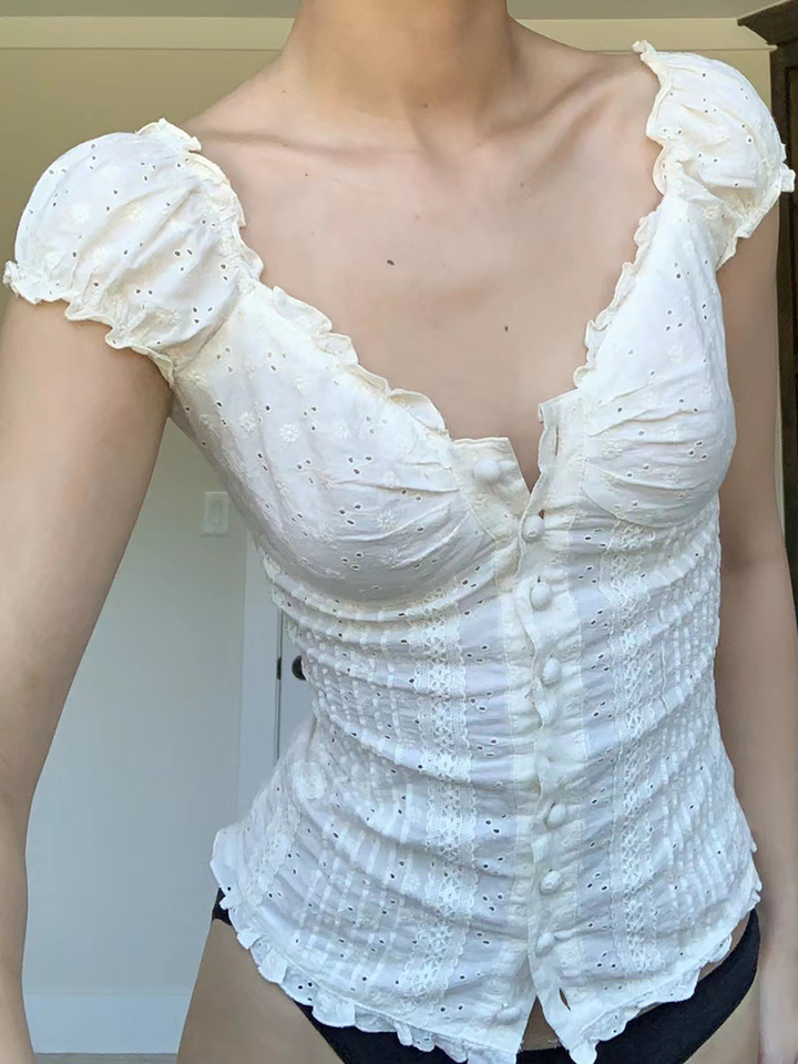 French-style lace-edged slim-fit short-sleeved T-shirt 2025 new V-neck button-up shaping bodysuit for women