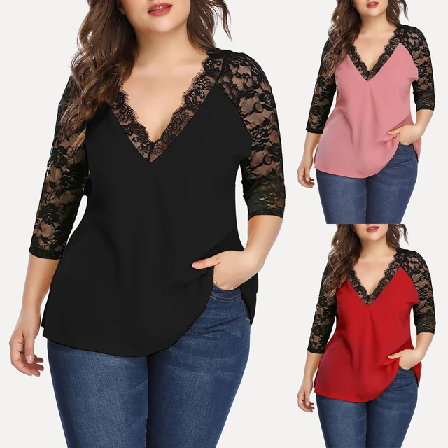 Sexy Women Blouse Deep V Neck Lace Trim See Through Polyester Long Sleeve  shirt Blouse Top Women's Patchwork Lace Clothing - AliExpress