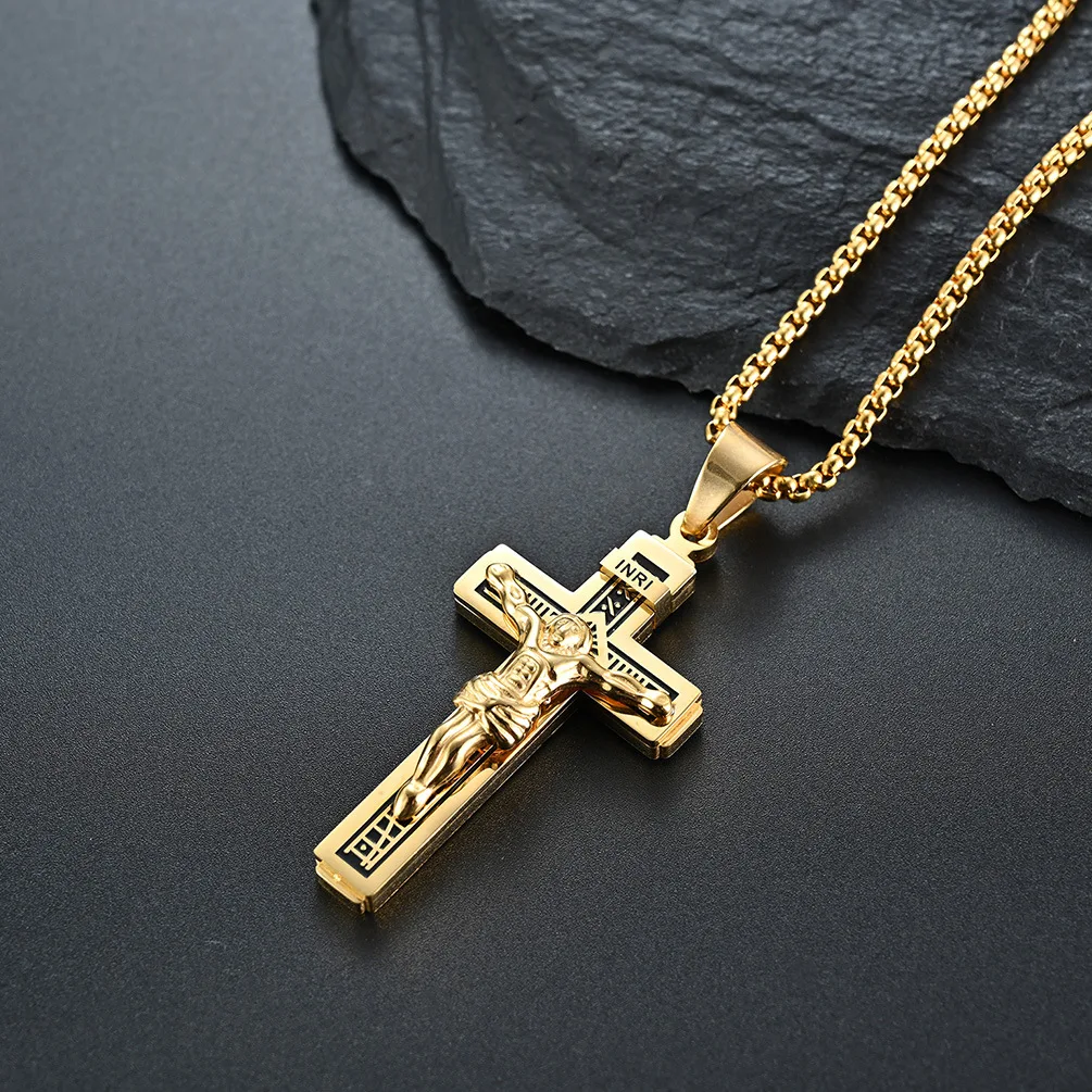 PSJ Jewelry Fashion Stylish High Polished Crucifix Design Pendant Stainless Steel Necklace for Men