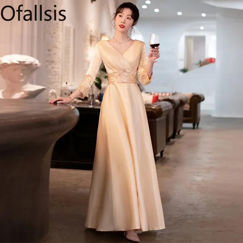 

Ofallsis V neck Long Sleeve Sequins Evening Dress 2023 Autumn New Banquet Chinese Simple Annual Meeting Toast Engagement Dresses