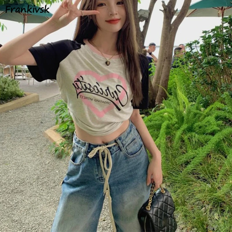 

Женские шикарные футболки Y2k, винтажные летние модные дизайнерские футболки с вставками в стиле Харадзюку для фитнеса и отдыха в Корейском стиле