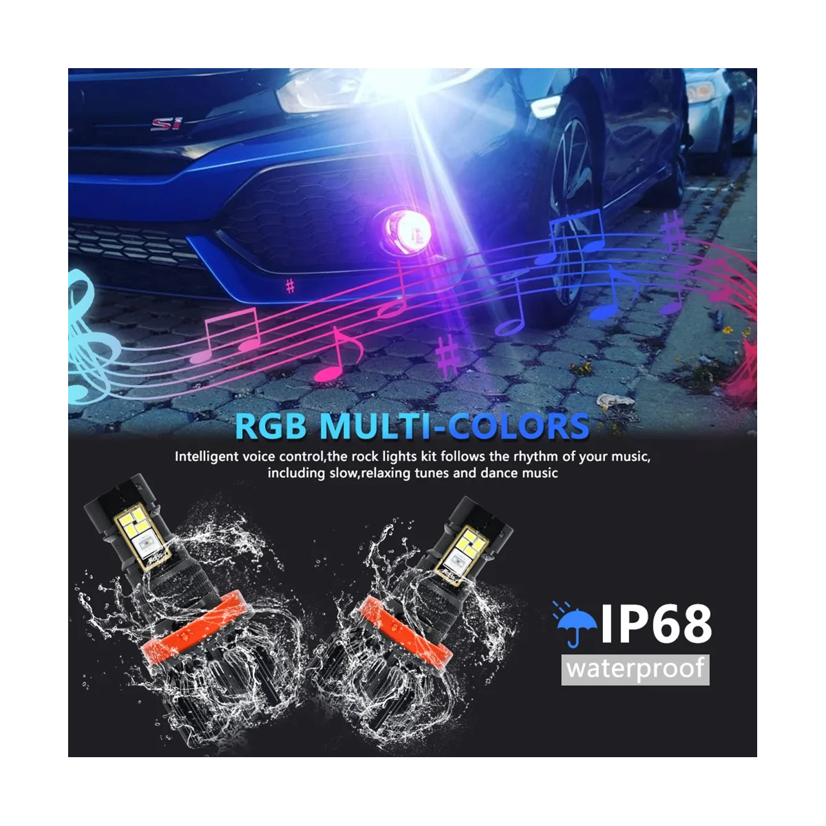 Car LED RGB Headlight APP Bluetooth Compatible Control Multi Colors LED Fog Lights Bulbs ,H8 H9