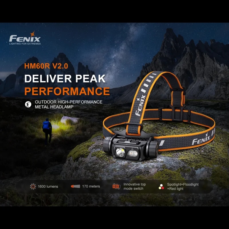 Fenix HM60R V2.0 1600 루멘 충전식 헤드램프, USB-C 고속 충전, 스포트라이트 및 투광등