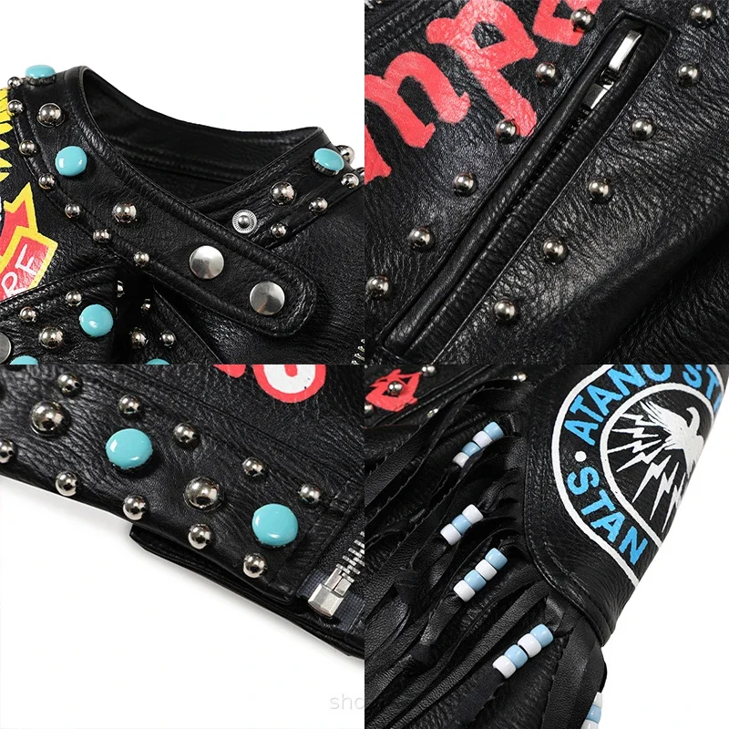Streetwear Fringed Leather Jacket Women 2024 Trend Rivets Punk Style Graffiti Print Black Cropped Faux Leather Motorcycle Jacket