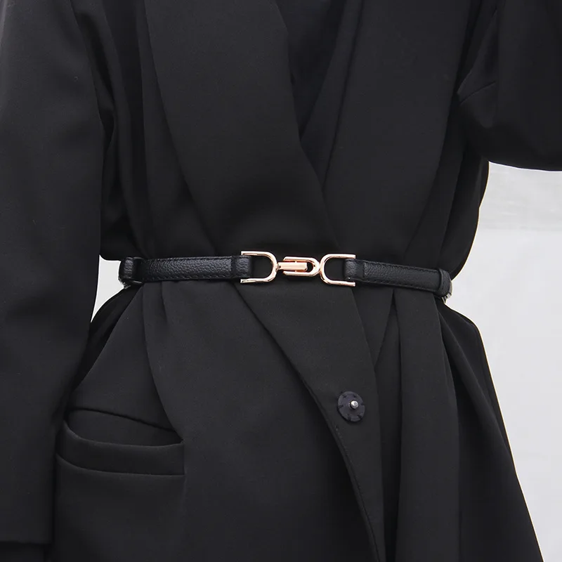 Women's Adjustable Skinny Faux Leather Belt with Vintage Golden Buckle