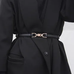 Women's Adjustable Skinny Faux Leather Belt with Vintage Golden Buckle - 88cm (Black)